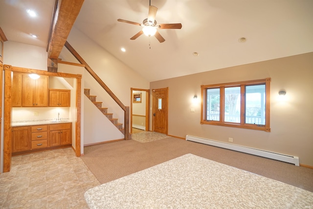 interior space featuring ceiling fan, baseboard heating, beamed ceiling, high vaulted ceiling, and light carpet