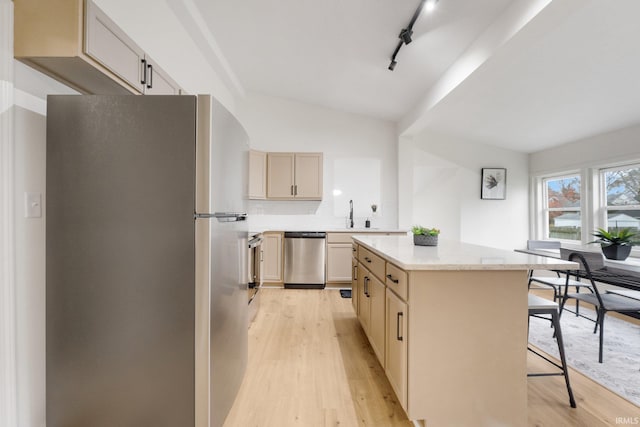 kitchen featuring decorative backsplash, rail lighting, stainless steel appliances, light hardwood / wood-style floors, and a kitchen island