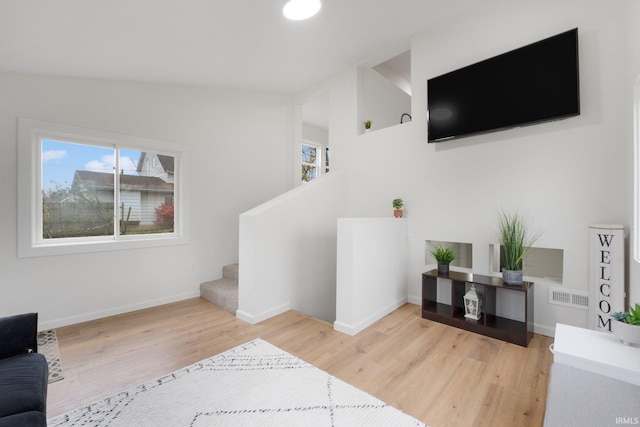 living room with hardwood / wood-style flooring and lofted ceiling