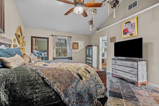 bedroom with lofted ceiling, stone tile flooring, visible vents, a ceiling fan, and baseboards