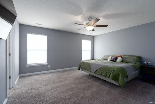 bedroom with a textured ceiling, carpet floors, multiple windows, and ceiling fan