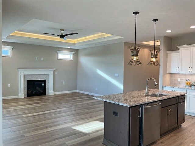 kitchen featuring a raised ceiling, white cabinetry, sink, and stainless steel dishwasher