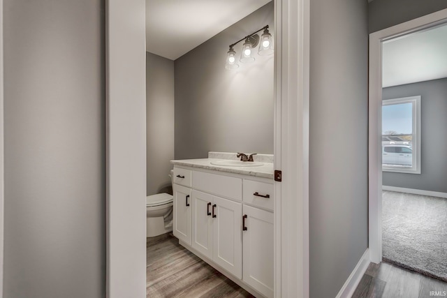 bathroom featuring hardwood / wood-style flooring, vanity, and toilet