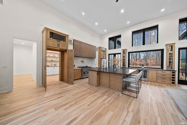 kitchen with a kitchen island with sink, a high ceiling, a kitchen breakfast bar, stainless steel stove, and light hardwood / wood-style floors