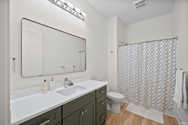 bathroom with wood-type flooring, vanity, toilet, and curtained shower