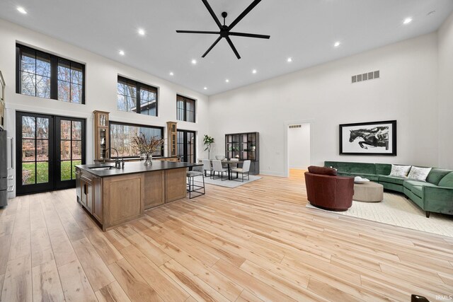 interior space featuring light wood-type flooring, a towering ceiling, ceiling fan, sink, and an island with sink