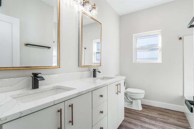 bathroom with toilet, vanity, and hardwood / wood-style flooring