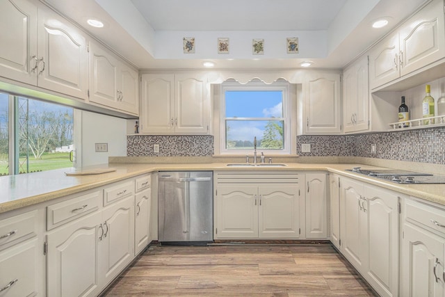 kitchen with white cabinets, light hardwood / wood-style flooring, stainless steel dishwasher, and plenty of natural light