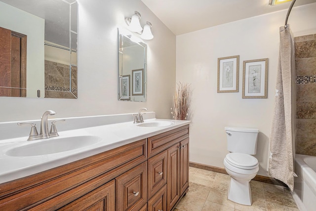 full bathroom featuring tile patterned flooring, vanity, toilet, and shower / bath combo