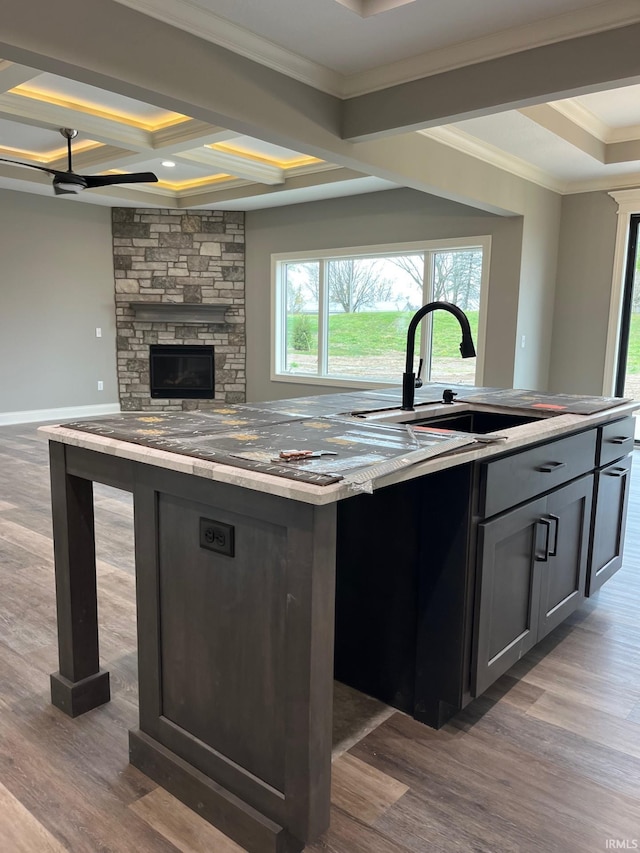 kitchen featuring a kitchen island with sink, coffered ceiling, sink, ceiling fan, and dark hardwood / wood-style flooring