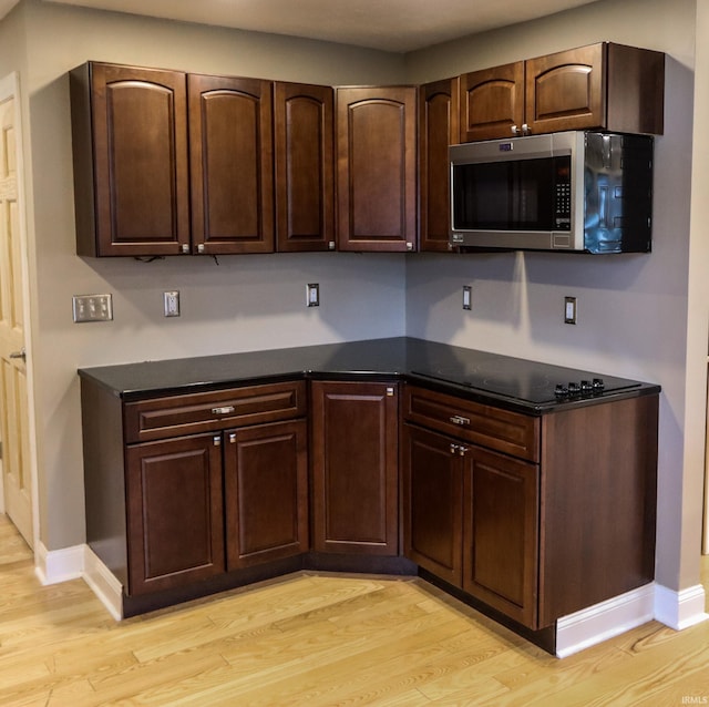 kitchen featuring black electric cooktop, dark brown cabinets, and light wood-type flooring