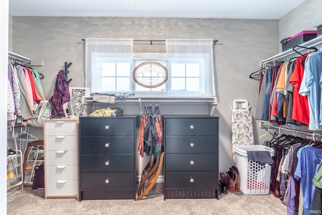 walk in closet with light carpet