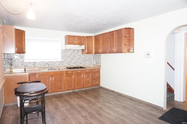 kitchen featuring backsplash, light hardwood / wood-style floors, sink, and stainless steel gas cooktop