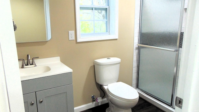 bathroom featuring vanity, an enclosed shower, and toilet