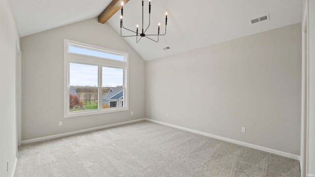 carpeted empty room with vaulted ceiling with beams and a notable chandelier