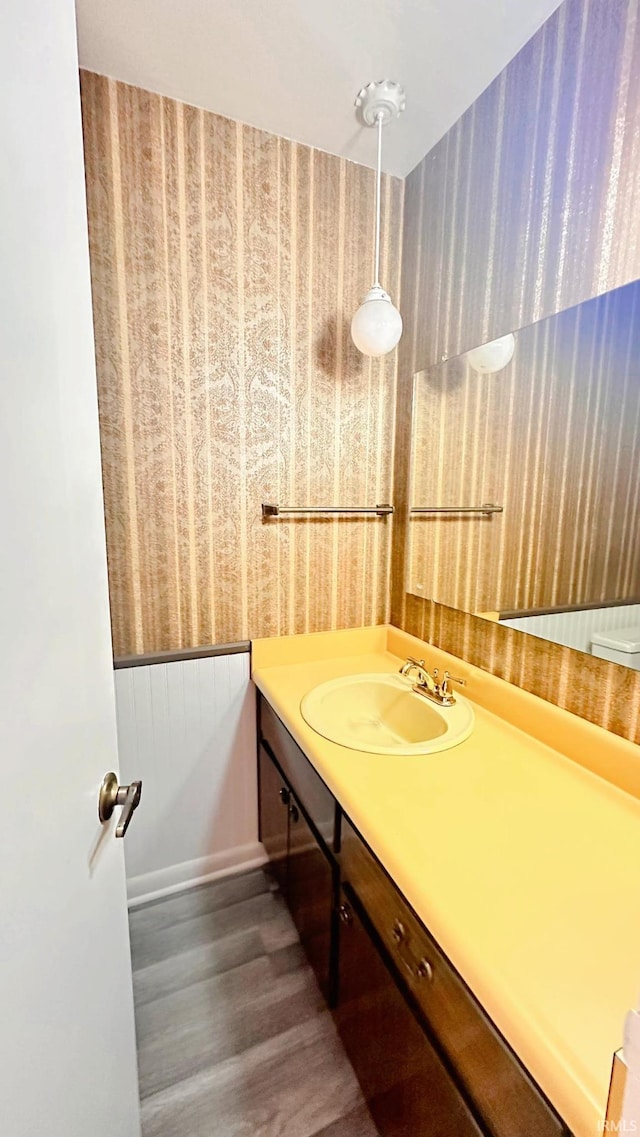 bathroom featuring vanity and hardwood / wood-style flooring