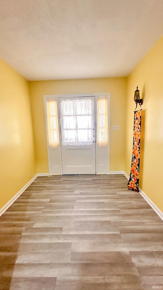 empty room with light hardwood / wood-style floors and a textured ceiling