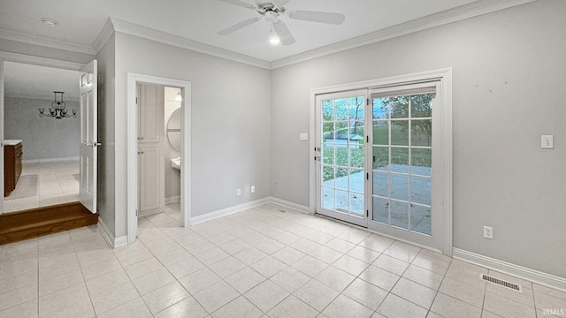 tiled spare room with ceiling fan with notable chandelier and crown molding