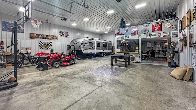 garage with a workshop area