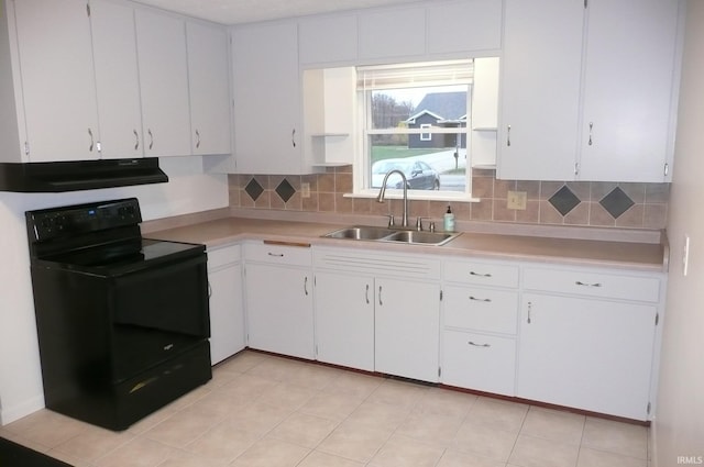 kitchen featuring white cabinetry, sink, black electric range oven, and exhaust hood