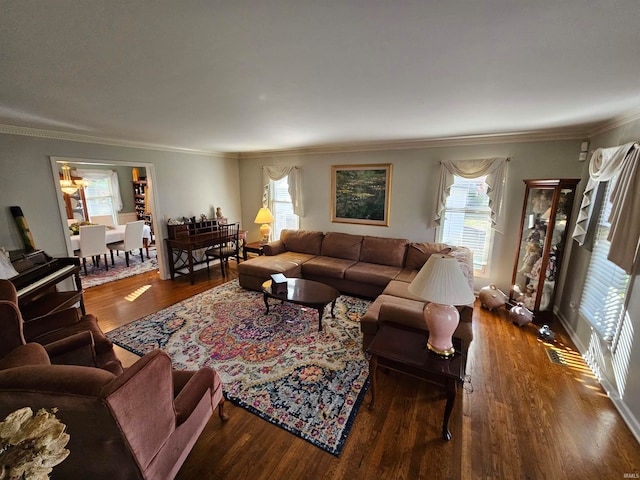 living room featuring dark hardwood / wood-style floors, a healthy amount of sunlight, and crown molding