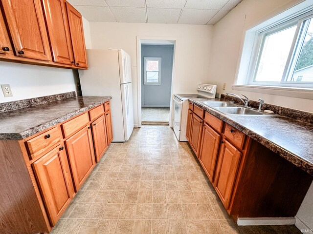 kitchen featuring white appliances, a paneled ceiling, and sink