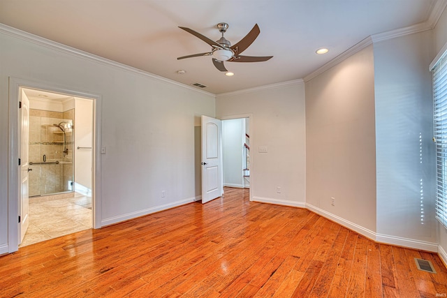 unfurnished bedroom with ceiling fan, ensuite bath, ornamental molding, and light hardwood / wood-style flooring