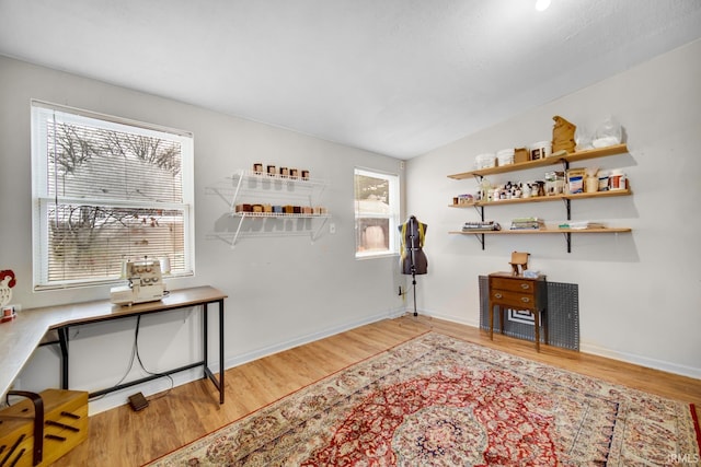 interior space with hardwood / wood-style flooring and lofted ceiling