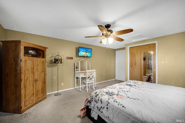 carpeted bedroom with ceiling fan