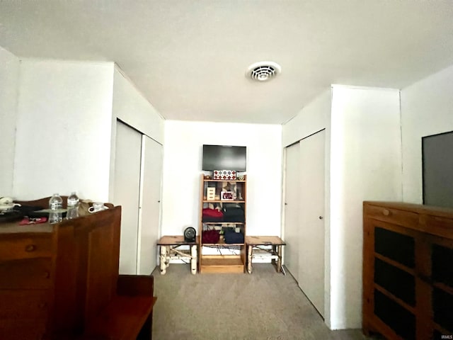 interior space featuring light colored carpet and multiple closets