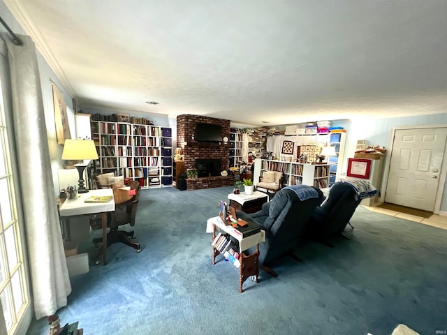 living room featuring carpet flooring and a brick fireplace