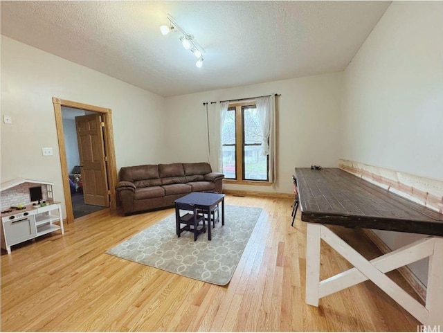 living room featuring hardwood / wood-style flooring and a textured ceiling