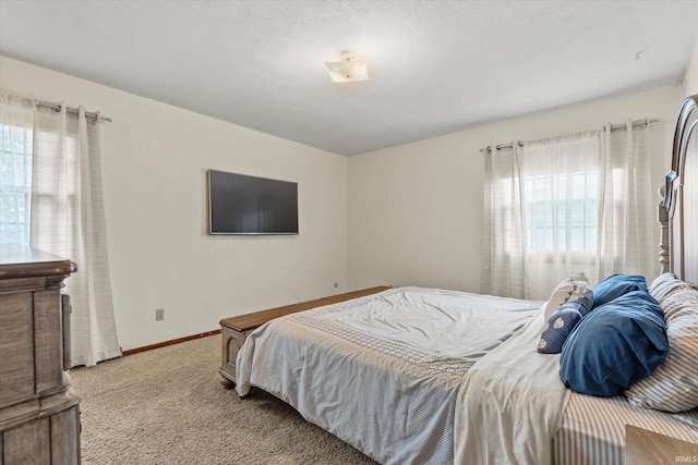 bedroom featuring a textured ceiling, light carpet, and multiple windows