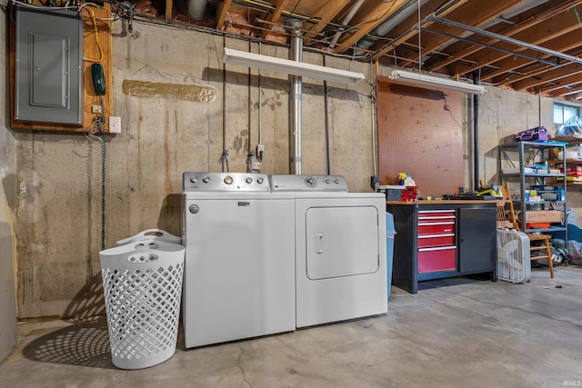 laundry area with electric panel and washing machine and clothes dryer