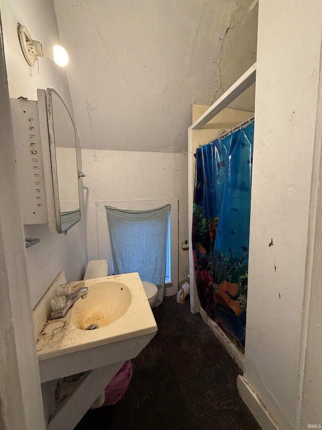 bathroom with a shower with curtain, sink, and toilet