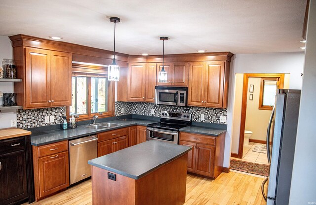 415 W 060 N, Lagrange, IN 46761 - kitchen featuring appliances with stainless steel finishes, a sink, dark countertops, brown cabinetry, and recessed lighting