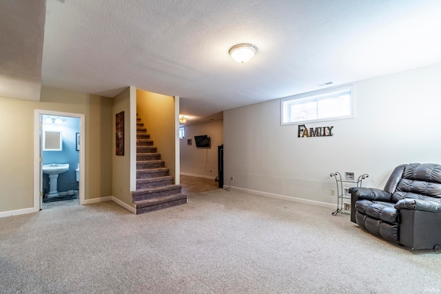 basement featuring carpet floors and a textured ceiling