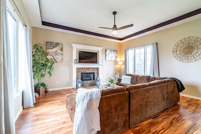 living room with hardwood / wood-style flooring, ceiling fan, and a tray ceiling