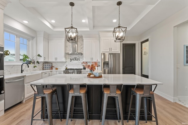 kitchen with a spacious island, white cabinets, stainless steel appliances, and light hardwood / wood-style floors