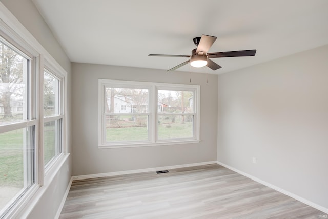 empty room featuring light hardwood / wood-style flooring and ceiling fan