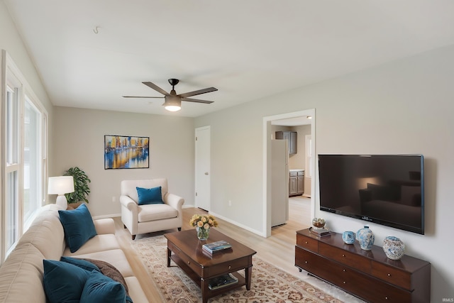 living room featuring light hardwood / wood-style flooring and ceiling fan