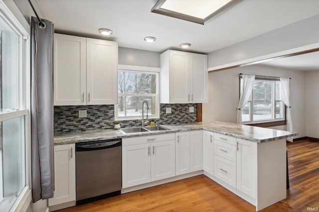 kitchen featuring white cabinetry, sink, light hardwood / wood-style flooring, stainless steel dishwasher, and kitchen peninsula