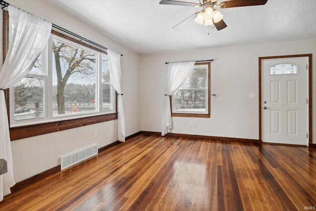 entryway featuring dark hardwood / wood-style floors and ceiling fan