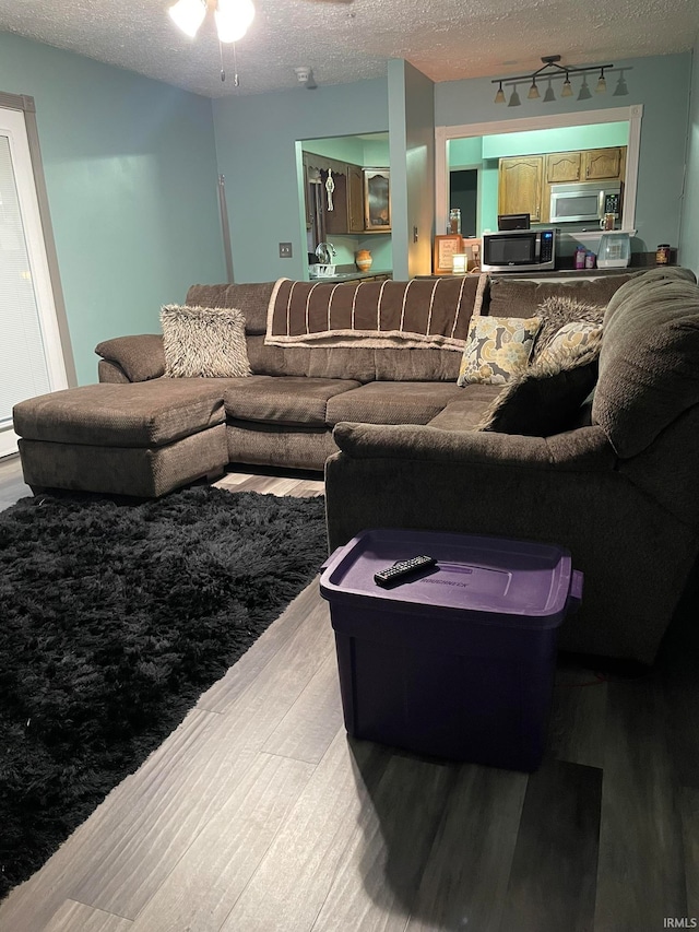 living room with hardwood / wood-style floors, a textured ceiling, rail lighting, and ceiling fan