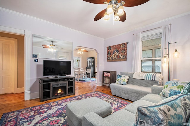 living room featuring crown molding and hardwood / wood-style flooring