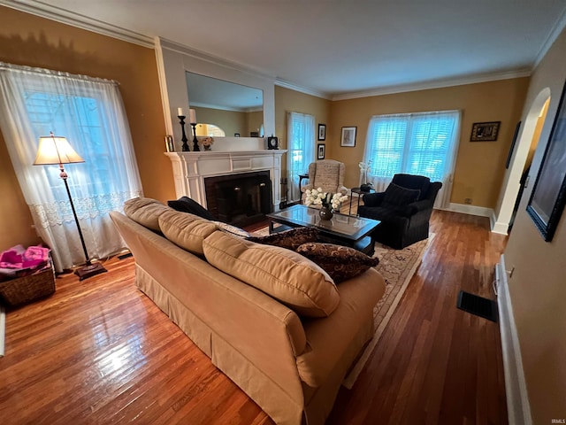 living room featuring hardwood / wood-style floors and ornamental molding