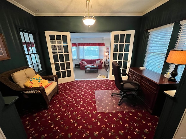 carpeted office space with ornamental molding and french doors