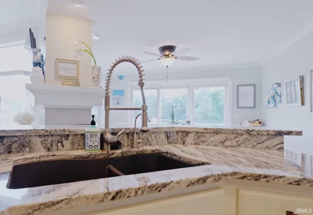 room details with ceiling fan, crown molding, and sink