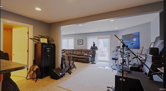 workout room featuring carpet flooring