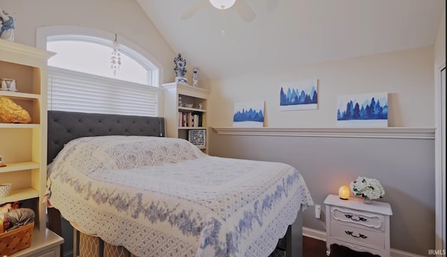 bedroom featuring vaulted ceiling and ceiling fan